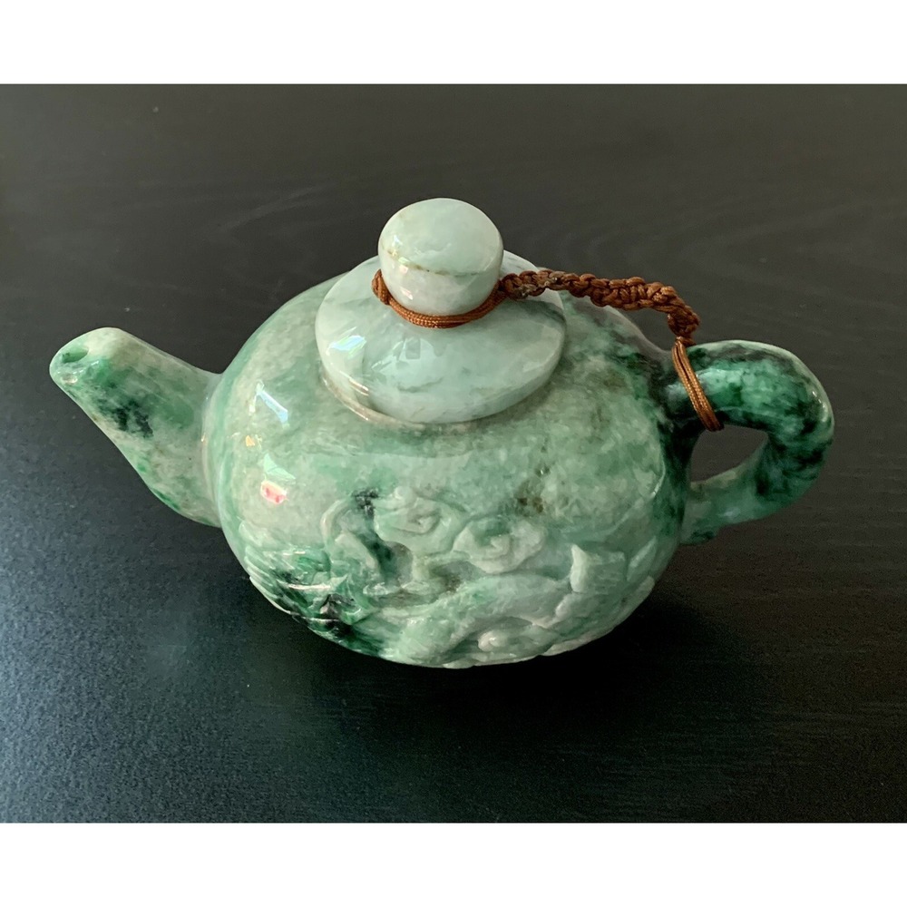 Antique Chinese Natural Jade Carved Dragon Tea Pot Vintage Collectible